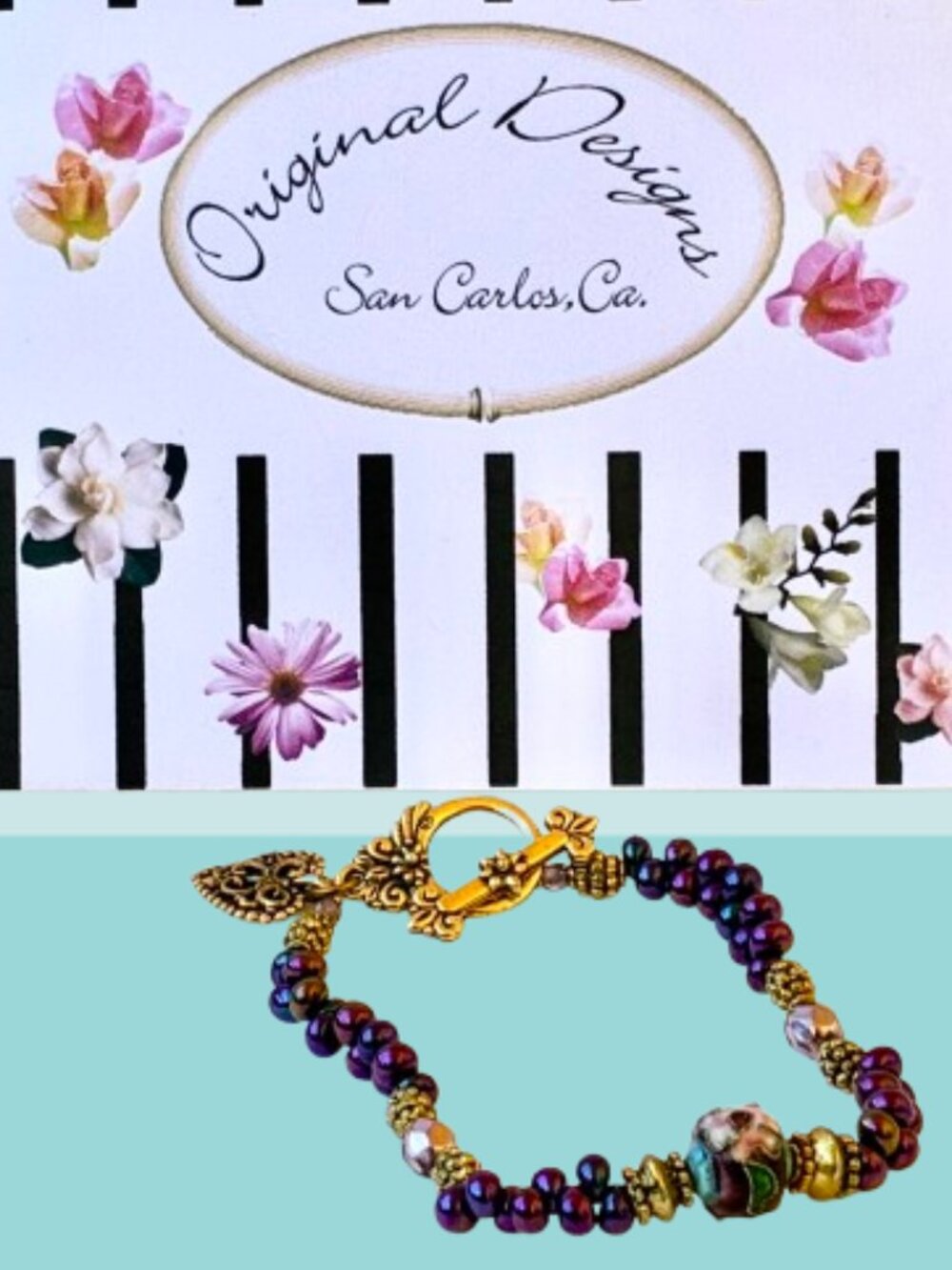 Original Designs Bracelet Glass & Metal Beads Toggle Clasp HEART Handcrafted NEW